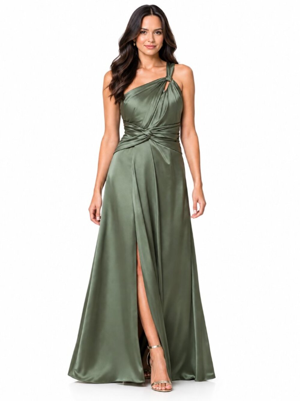 XSCAPE Leona Olive Satin One Shoulder Maxi Gown Size 12 NWT Formal Dress - Picture 6 of 7